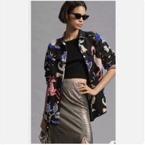 183 Anthropologie Icon Sweater Coat Jacket Deer Flamingo Animals Black size M